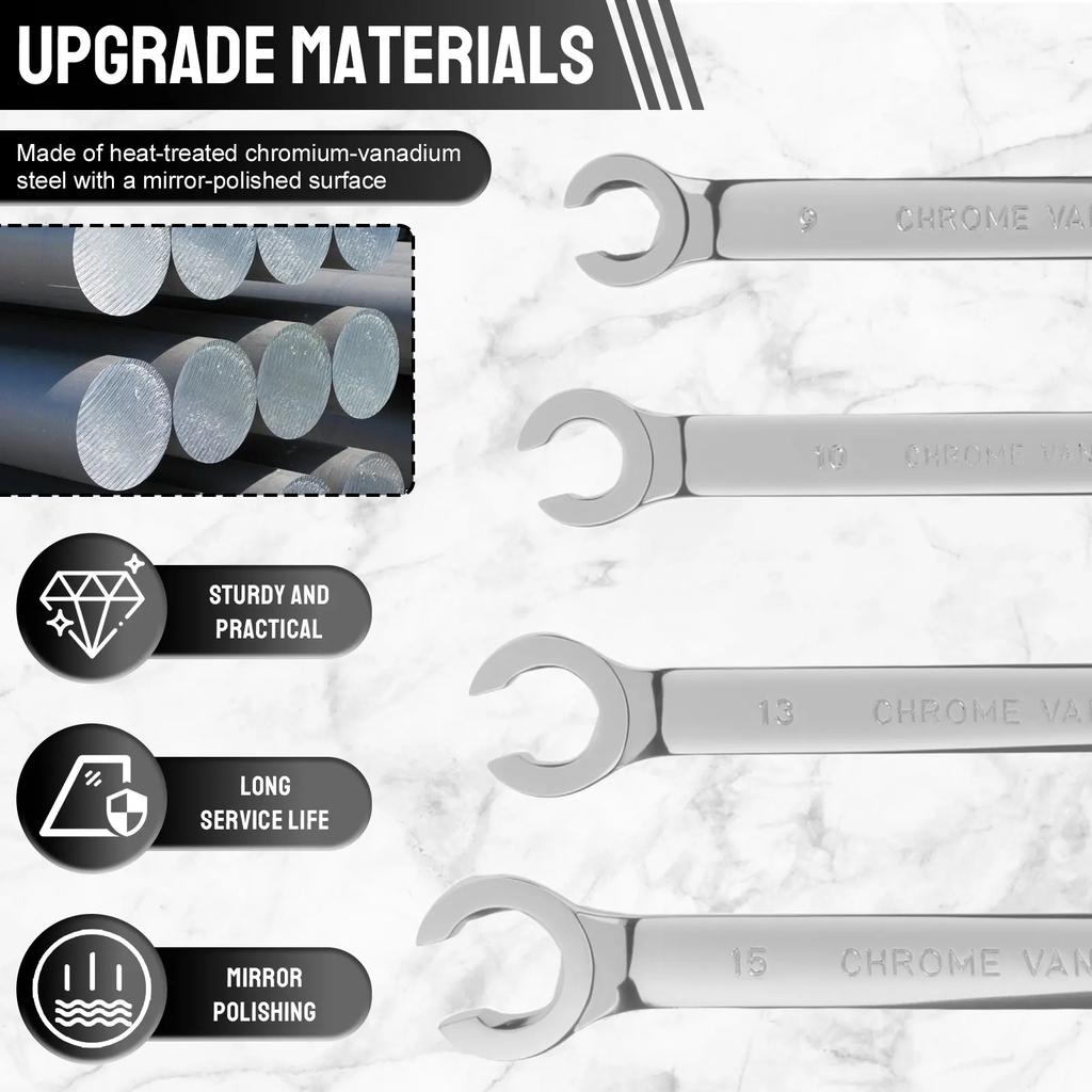 4Pcs Flare Nut Wrench Set Double End Metric 9 10 11 12 13 14 15 17mm Mirror Polished Surfa Robust Etch Resistant for Machinery
