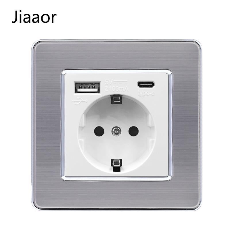 Европейский стандарт 86 тип Панель из нержавеющей стали для двойного выключателя и розетки с USB-C, Немецкий стиль, Встраиваемый настенный монтаж.