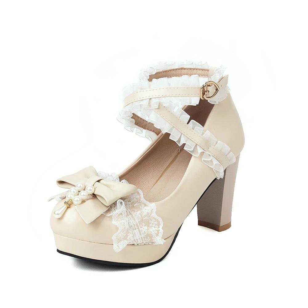 Мода 2025 Лето Новые Женские Туфли на Платформе Милый Бант Кружево Принцесса Мэри Джейн Лолита Обувь Вечеринка Высокий Каблук Пряжка Женские Туфли Лодочки Розовый 32