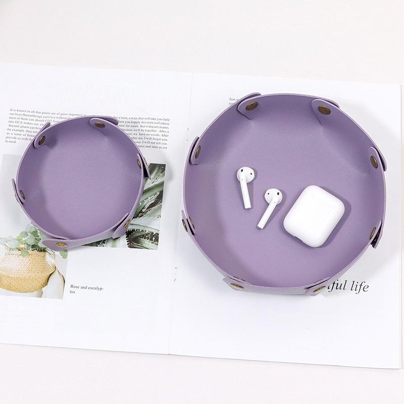 1PC Foldable Round PU Leather Tray Desktop Organizer for Jewelry Cosmetics Keys Multi-purpose Storage Box for Home Office