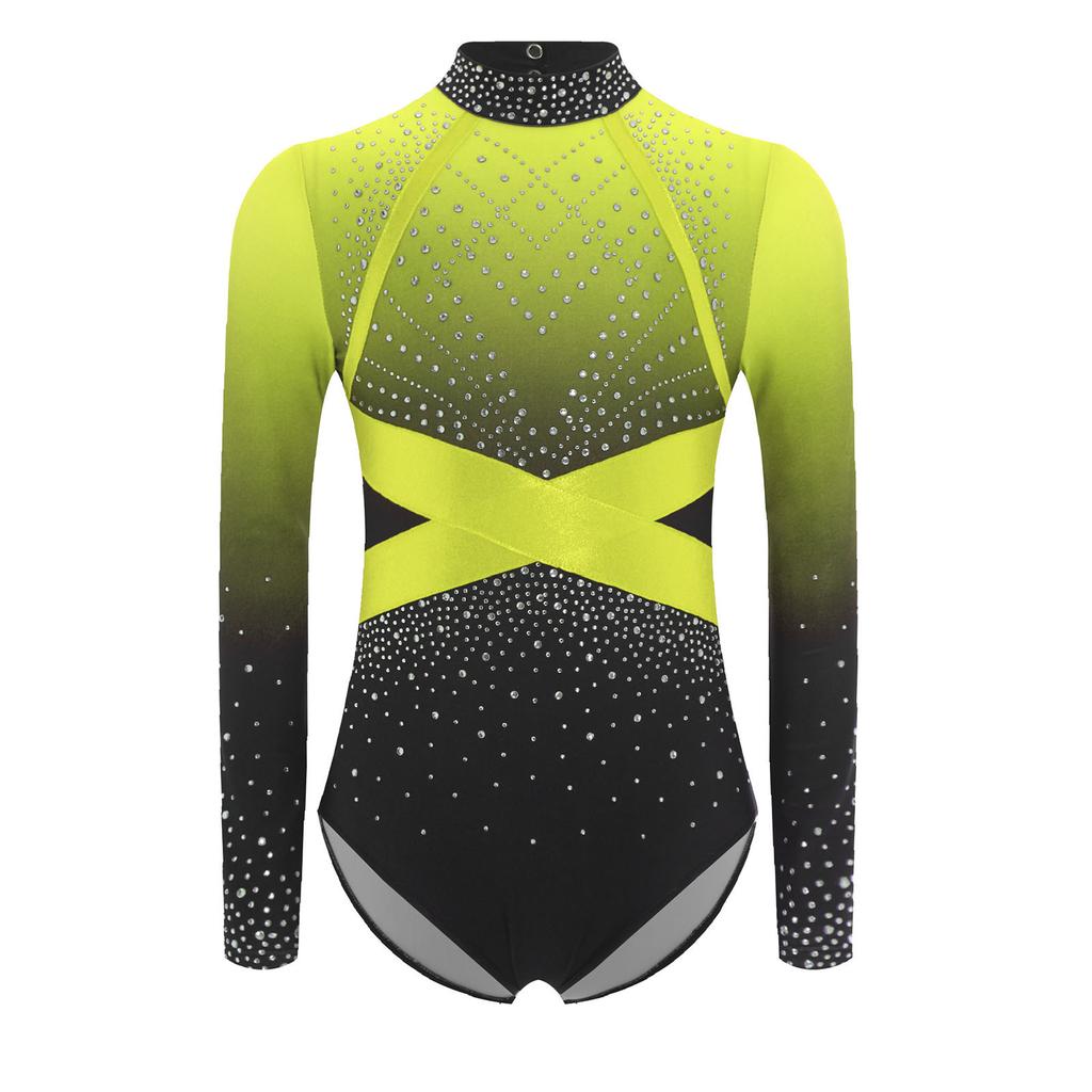 Girls Color Block Ballet Leotard Shiny Faux Diamonds Rhinestone Long Sleeve Gymnastics Ballerina Jumpsuit