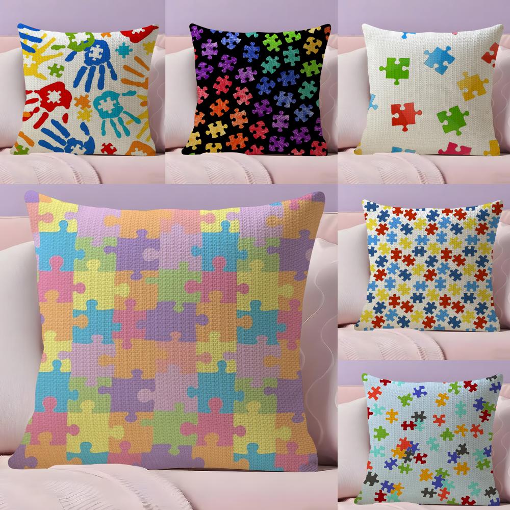 PPuzzle PPiece Cushion Cover Natural Linen Organic Fabric DoubleSided Printing Sofa Home Decor Breathable Bed Pillow