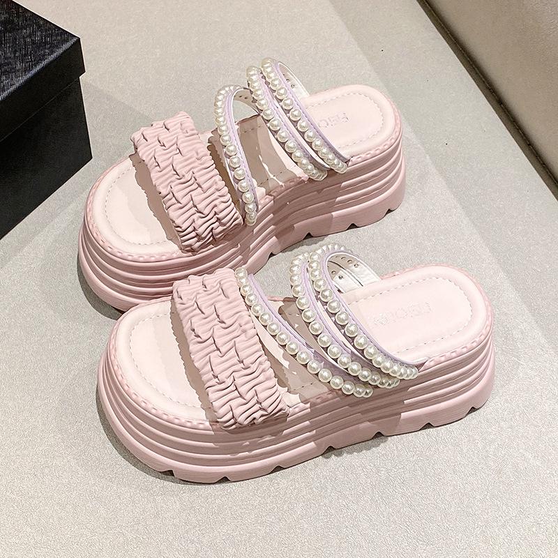 Маленький человек 9 см толщина подошвы увеличение высоты маффин крутые тапочки женские летние новые жемчужные с открытым носком танкетка одна перемычка