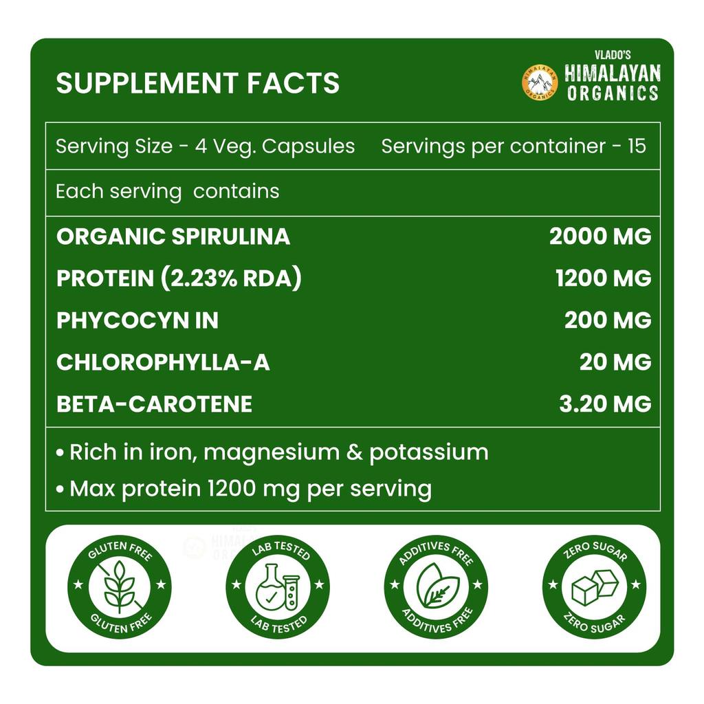 Vlado's Himalayan Organics Spirulina 2000 Mg Capsules Organic Green Superfood Supplement For Daily Wellness Support 60 Count
