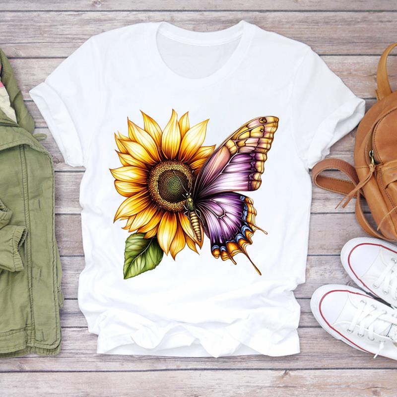 (Asian Size) Women Tee Sweet Flower Style 90s Top Clothing Casual Short Sleeve T Shirt Fashion Print Lady Female Graphic T-shirts