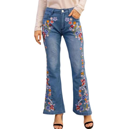Yousheng Women Jeans Floral Embroidery Flared Leg Button Zipper Closure with Pockets Mid Waist Plus Size Long Trousers for Dating Daily Wear Commuting