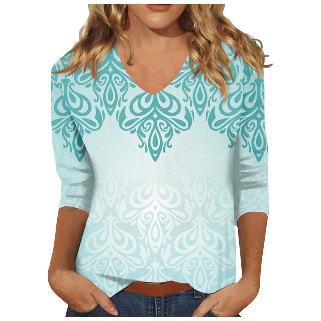 Women’s Fashion Everyday Everything Casual V-neck Seven-point Sleeve Printed T-shirt Top