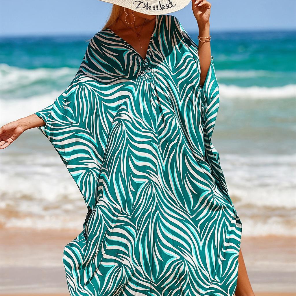 YYFS Женская мода отпуск лето весна зеленый цвет печати с длинным рукавом V-образным вырезом повседневные платья