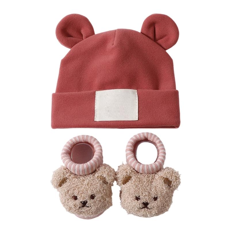 Дышащая детская шапка и носки с ушками Эластичная смесовая ткань Хлопок и Полиэстер Нежное воздейжение на чувствительную кожу Надежная посадка для младенцев