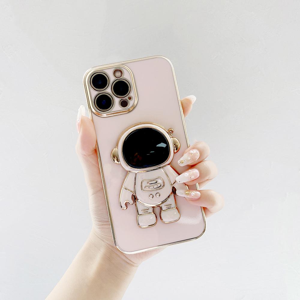 Мягкий чехол из ТПУ для телефона с держателем астронавта с золотым покрытием и краем для Samsung S23 S24 Ultra A15 A35 M54 Huawei P40 Honor 90 Lite, задняя крышка