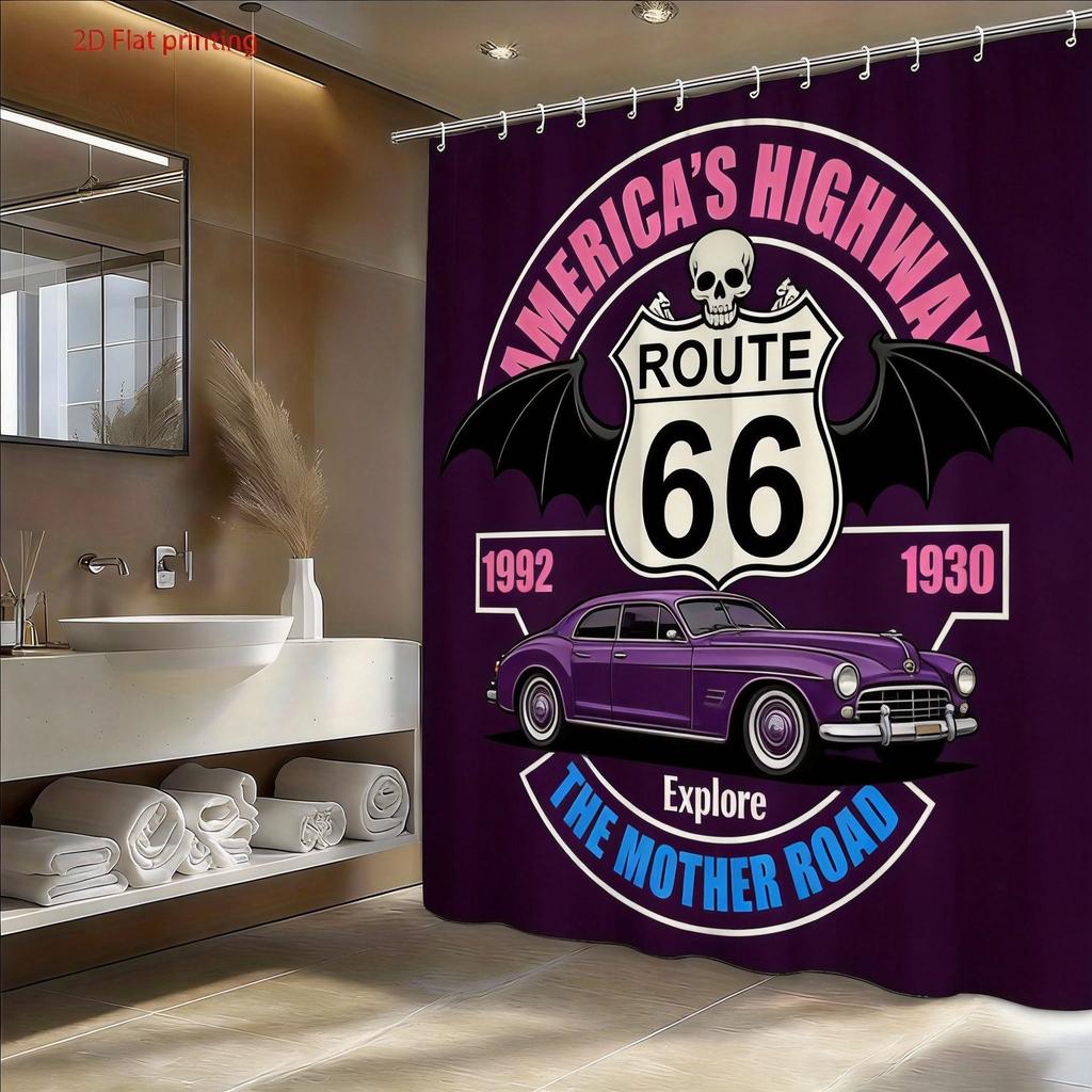 Шторка для душа с мотоциклом Route 66 Ретро-дизайн американского шоссе с хромированным мотоциклом и крыльями Шторка для душа с крючком