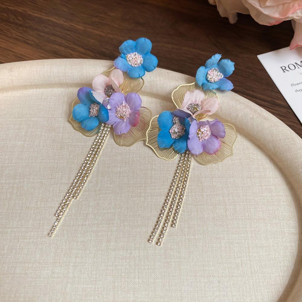 Exaggerated Petals Tassel Earring Glass Crystal Women's Jewelry New Flower Dangle Earrings Party