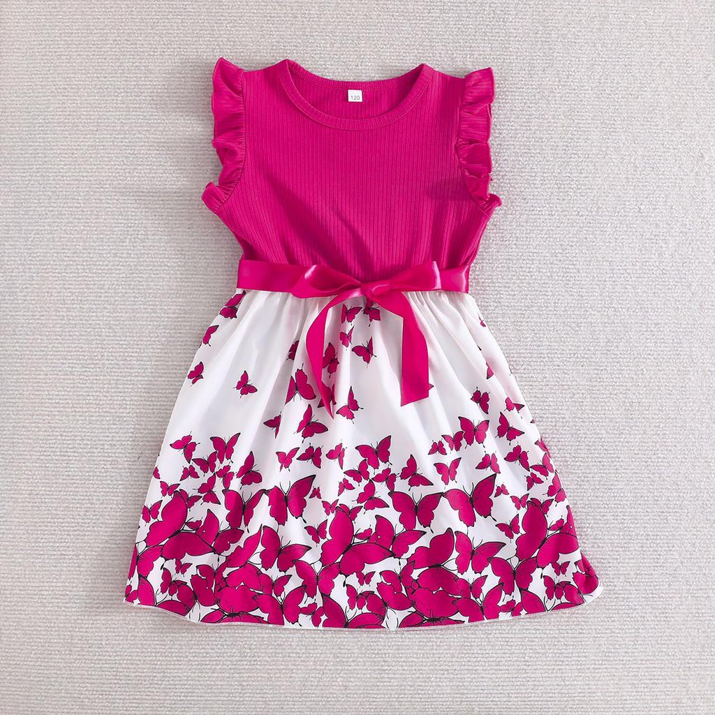 Girls' Butterfly Print Sleeveless Dress + Belt 2025 Summer Children's Fashion Casual Dress