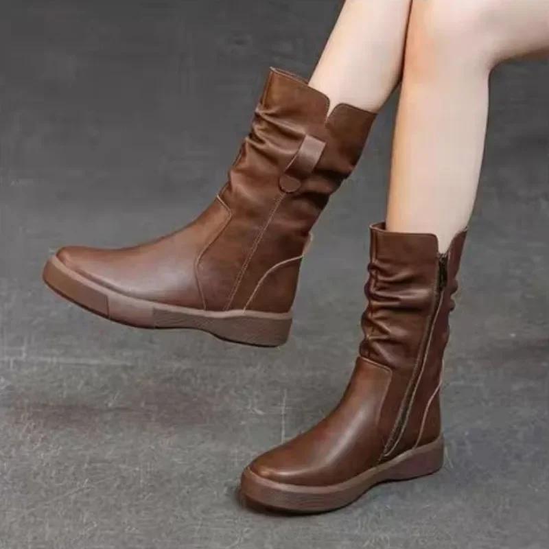 Large Size Warm Ladies Mid Calf Shoes Round Toe Women's Half High Boots Platform Spring 2024 Comfortable and Elegant Chic Hot Pu