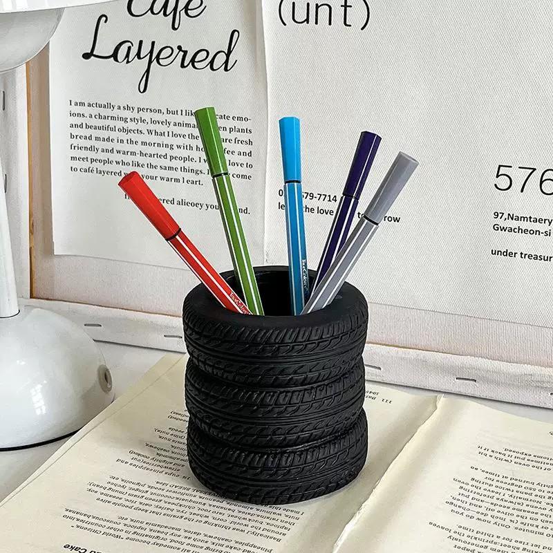 Tire Shaped Pen Holder Fun Desktop Stationery Organizer Space Saving Desk Storage for Home Office School Desk Decoration