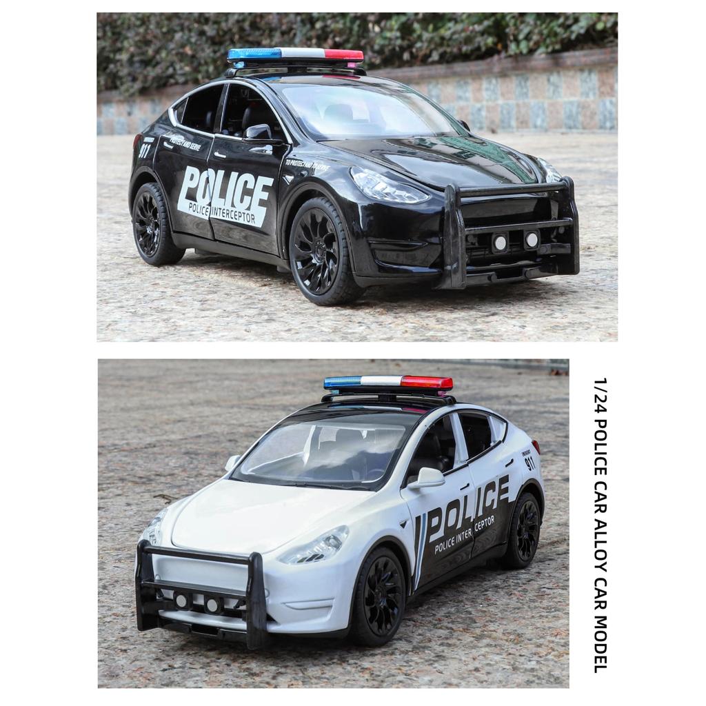 1/24 Металлическая литая модель бронированной полицейской машины Tesla, имитация звука и света, двери открываются, детские игрушки, украшения, подарок на день рождения