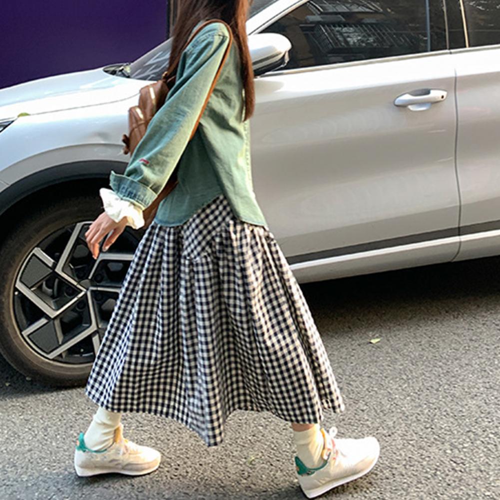 Women Plaid Print Skirt Midi Stitching Design Aline Skirt Elastic High Waist Retro Style Swing Skirt Daily Wear