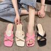 Summer New Casual Simple Solid Square Head Large Heels Women Open Toe Cross Square Heels Fashion Slippers Women's