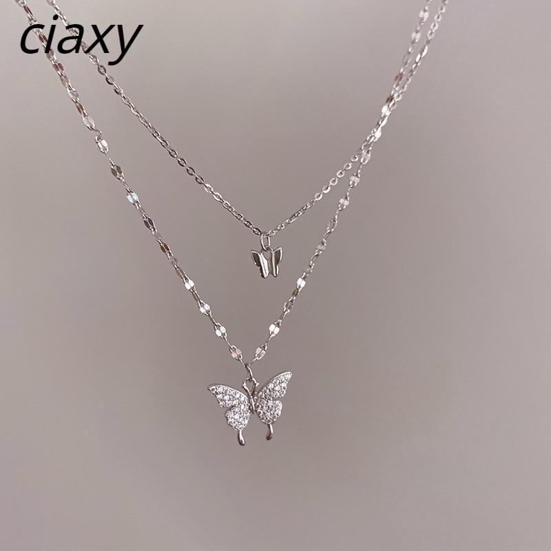 Ожерелье из стерлингового серебра 925 пробы с бабочкой для женщин, двухслойная цепочка на ключицы, блестящее ожерелье с цирконами, изысканные подарки, ювелирные изделия для вечеринок