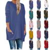 Women's Solid Color O-neck Long Sleeve T-shirt Pocket Size Top