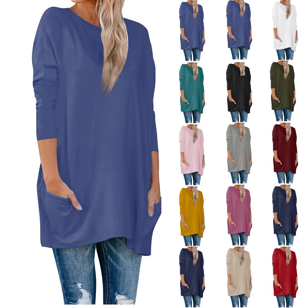 Women's Solid Color O-neck Long Sleeve T-shirt Pocket Size Top