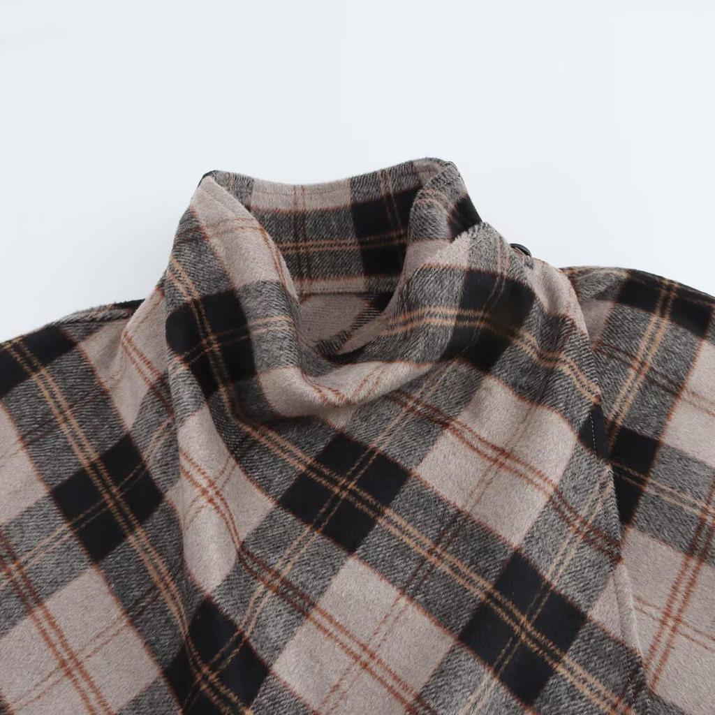 Весна 2025 Женское повседневное пальто-кейп в клетку с высоким воротом и цветными блоками