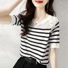 WTEMPO Женская сетчатая лоскутная полосатая элегантная вязаная футболка, модный летний тонкий пуловер с короткими рукавами, вязаные топы