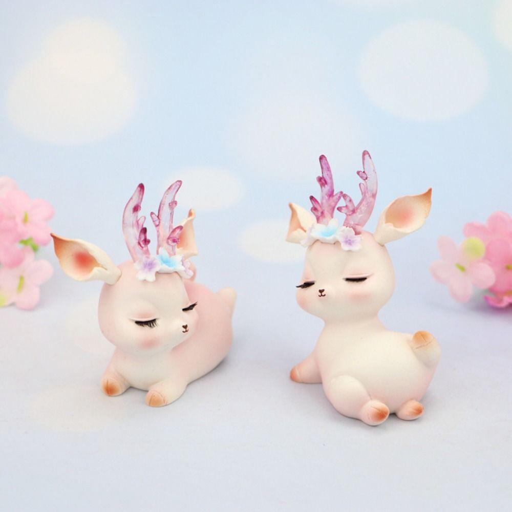 Kawaii Pink Sleeping Deer Figurine Cartoon Deer Birthday Cake Decor Office
