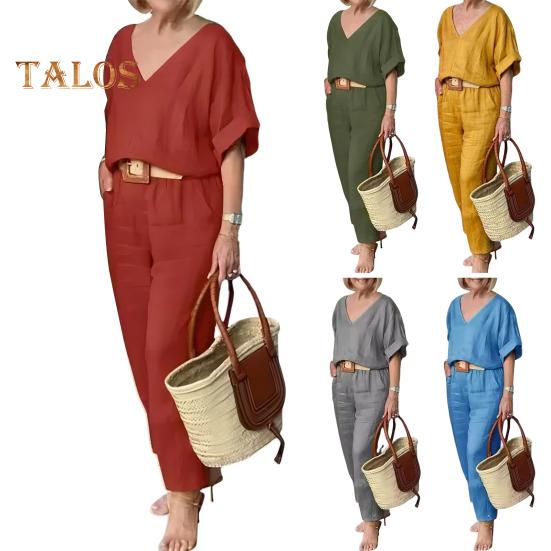 2 шт./компл., блузка, комплект брюк, топ с v-образным вырезом и длинными рукавами, широкие брюки, свободные брюки с эластичной резинкой на талии, повседневная домашняя одежда для поездок на работу, наряд