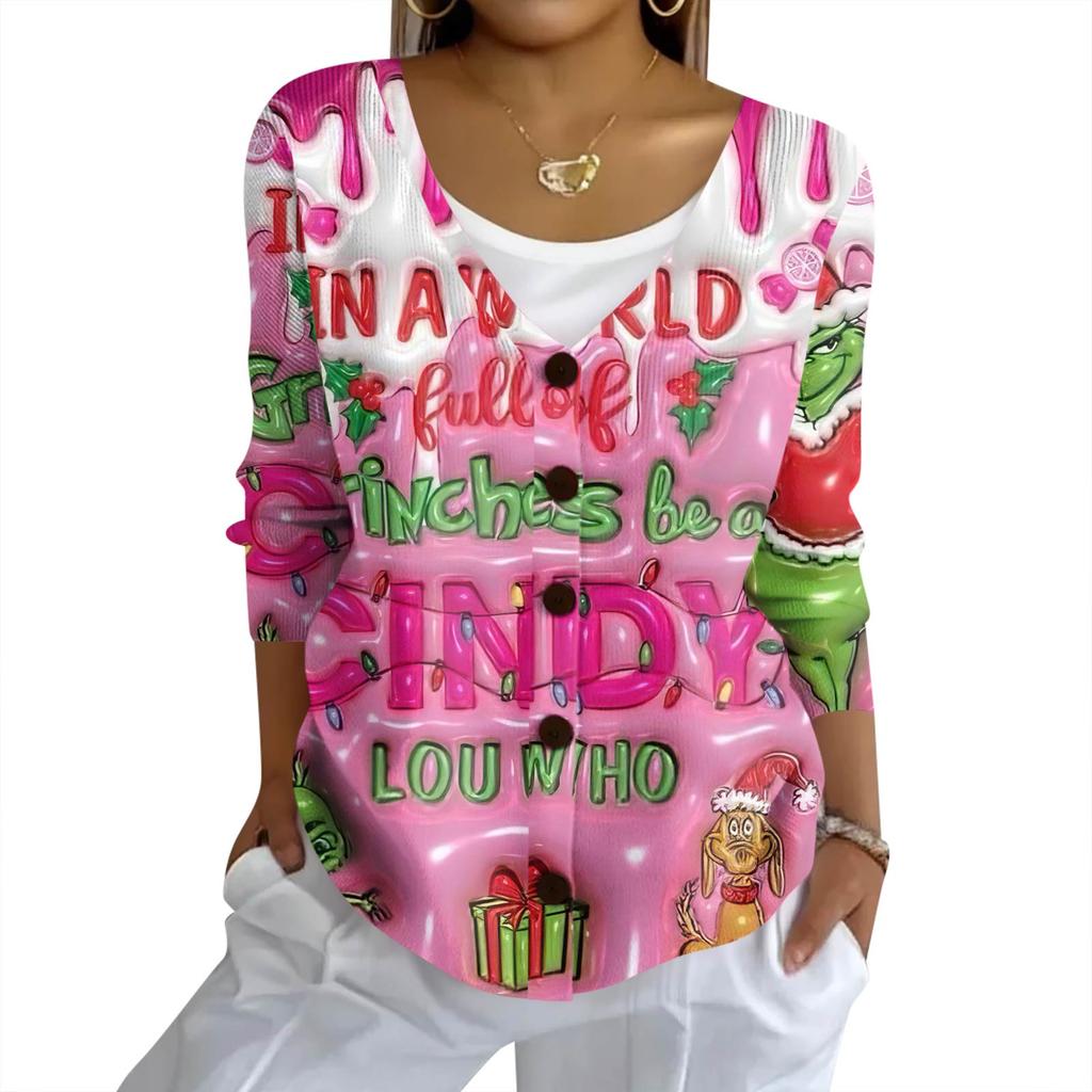 Women's Fashion Casual Knit Sweater Button-Up Christmas Print Cardigan Jacket