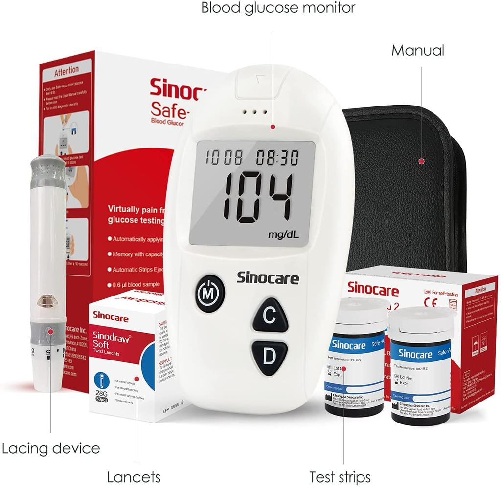 Sinocare Монитор уровня глюкозы в крови Safe-Accu с 200 тест-полосками, набор для тестирования диабета, ммоль/л или мг/дл