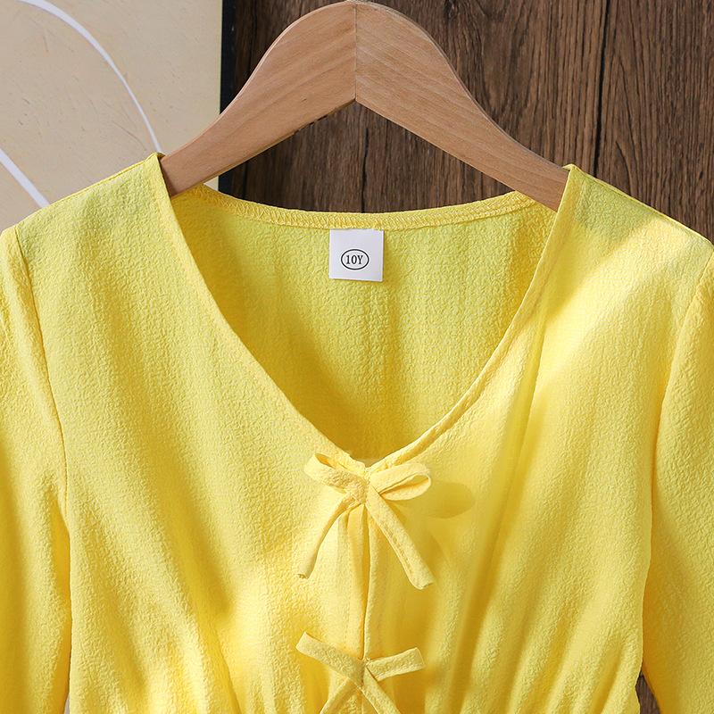 Топы для девочек Детская одежда Осень Новая Модная Бант Повседневные Топы с длинным рукавом