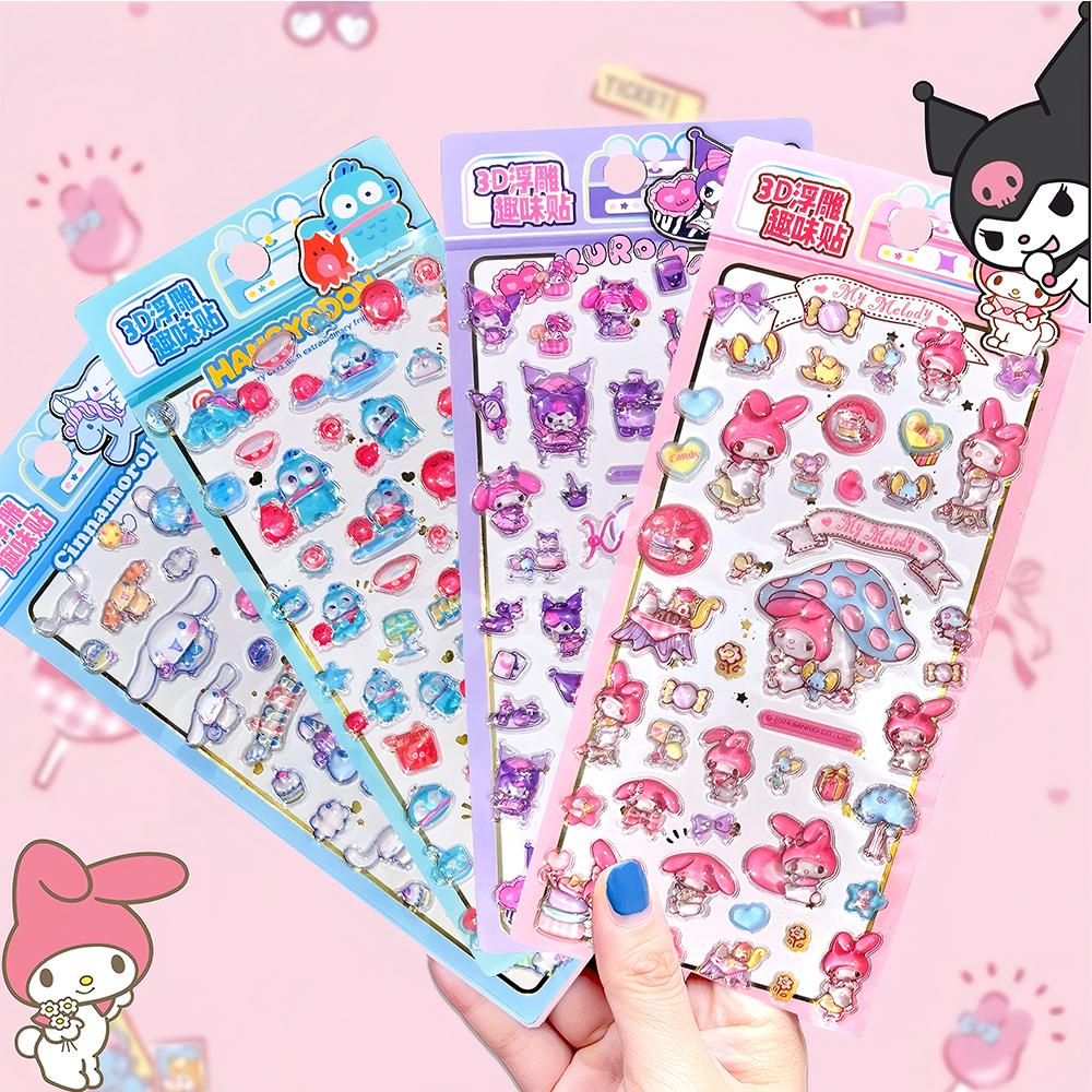 4pcs Anime Sanrio 3D Relief Stickers Aesthetic Cute Cartoon Kuromi My Melody Crystal Decals Toys Kawaii DIY Diary Laptop Phone