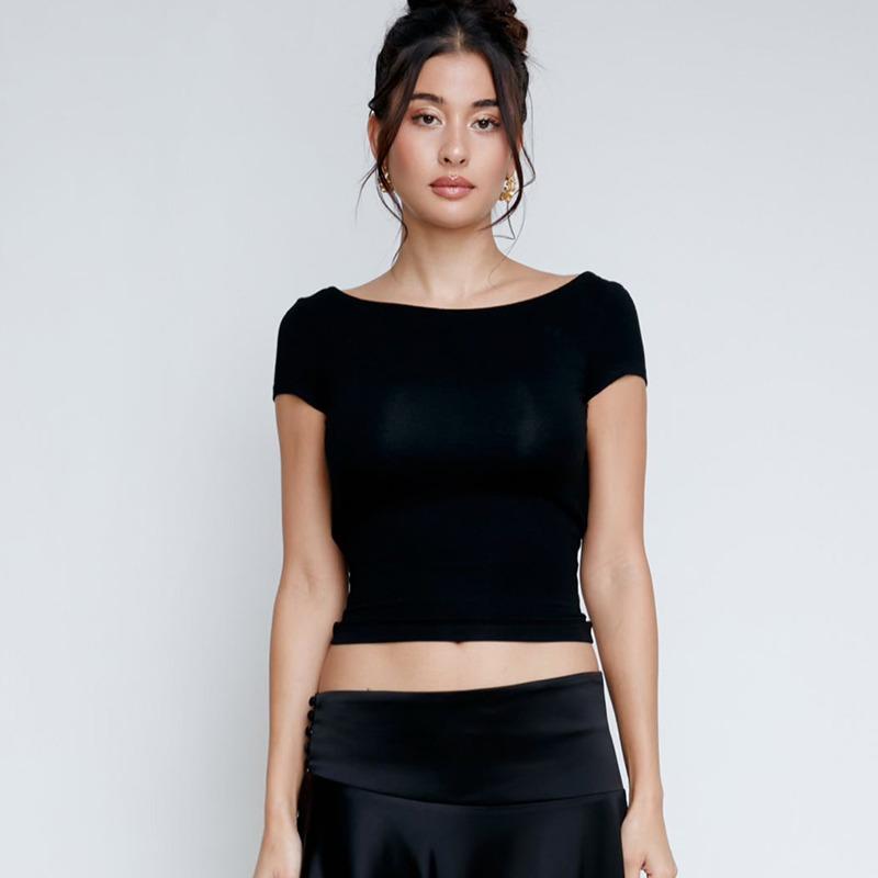 Летняя простая элегантная короткая сексуальная футболка с открытой спиной, женская модная однотонная уличная футболка с вырезом-лодочкой, женская повседневная облегающая черная футболка, женские топы 25554