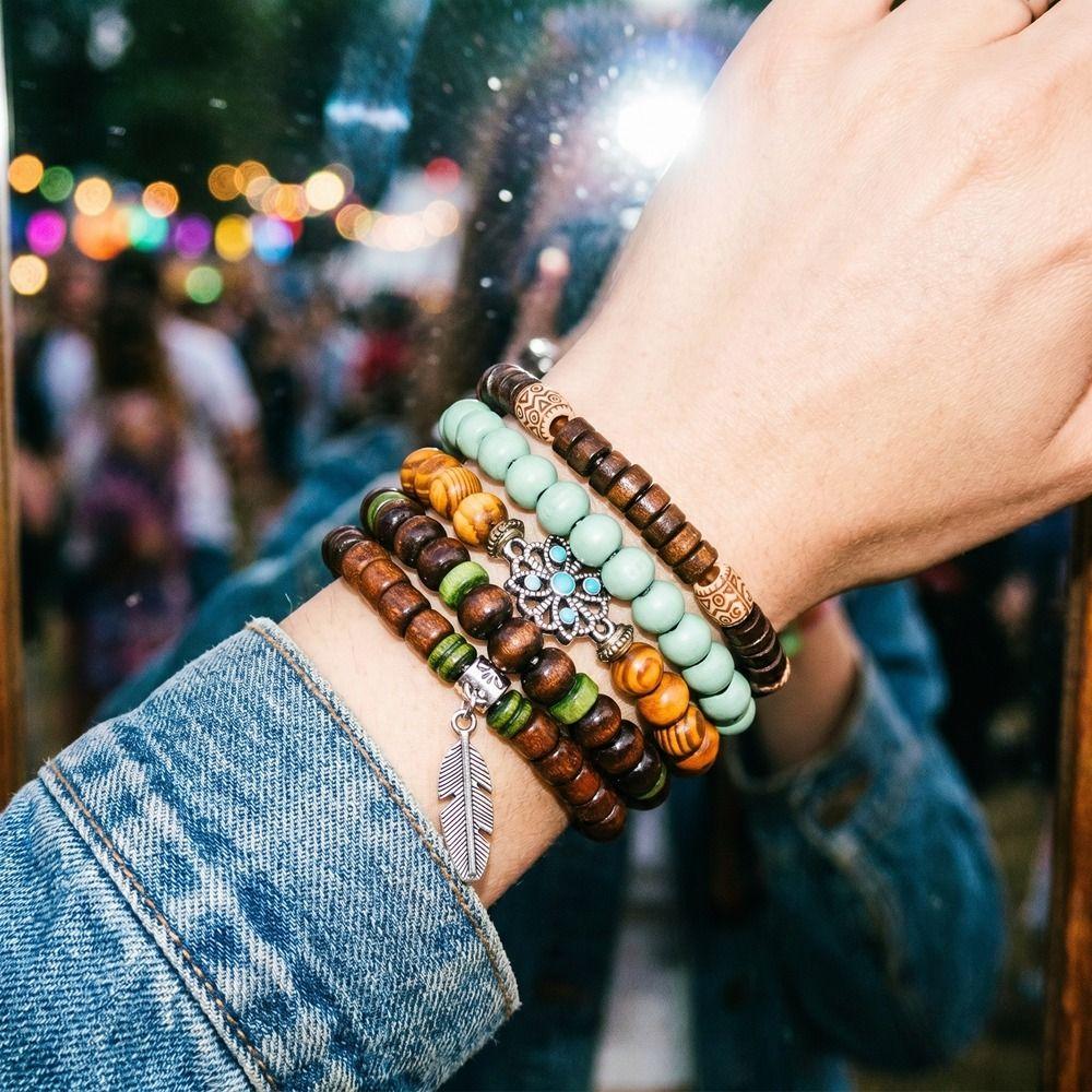 Vintage Wooden Bead Bracelet Bohemia Retro Bracelet Fashionable Stretch Bracelet Daily Wear