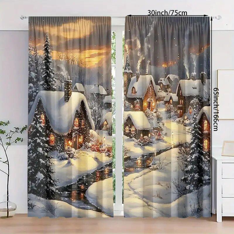2 Pcs Christmas Snow House print curtains suitable for bedroom living room kitchen decoration home decoration window decoration