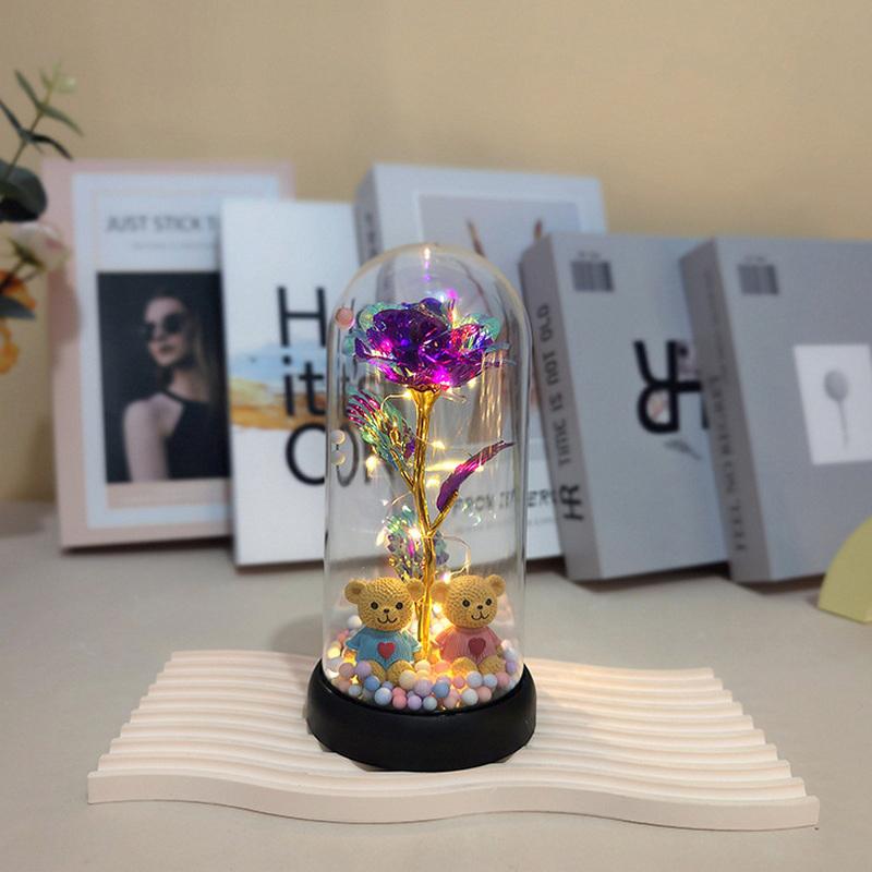 Eternal Flower Glass Lamp Plastic Cover Night Light Rose Simulation Flower With Bear Valentine Day Gift For Girlfriend