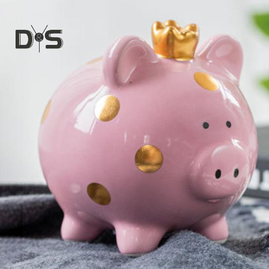 Ceramic Crown Pig Piggy Bank Golden Dot Cartoon Pig Coin Money Bank Home Office Bookshelf Desktop Decoration Ornament Kids Adults Gift
