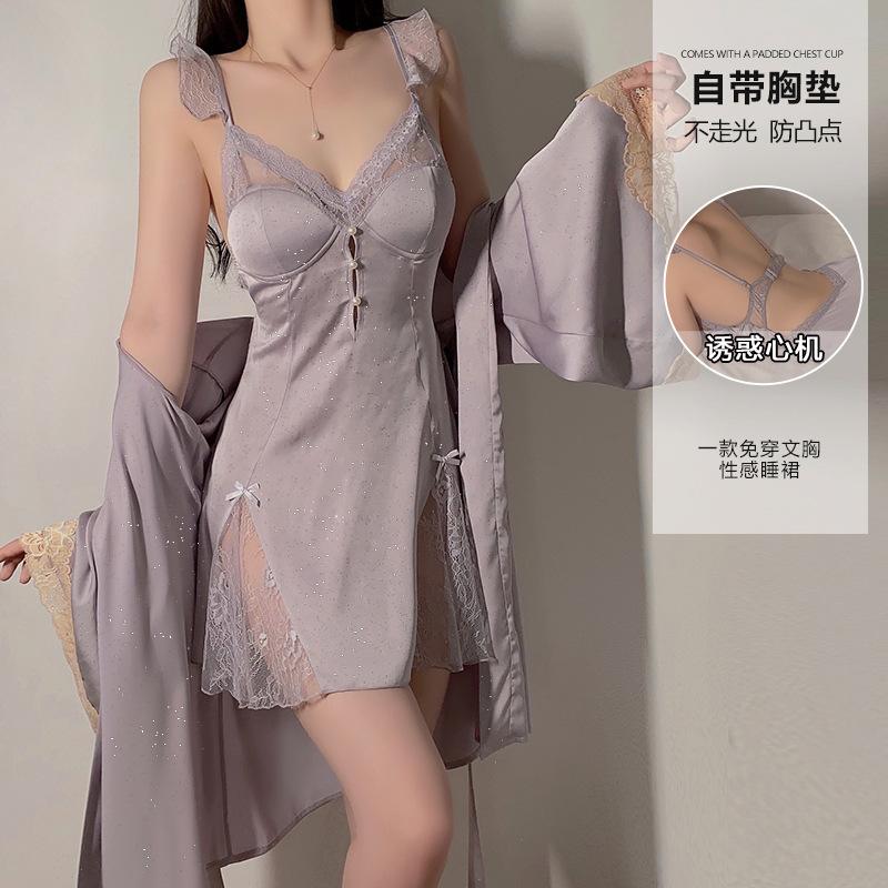 Women's Shimmer Satin Lace Sheer Padded Backless Sleep Dress with Robe Lounge Set