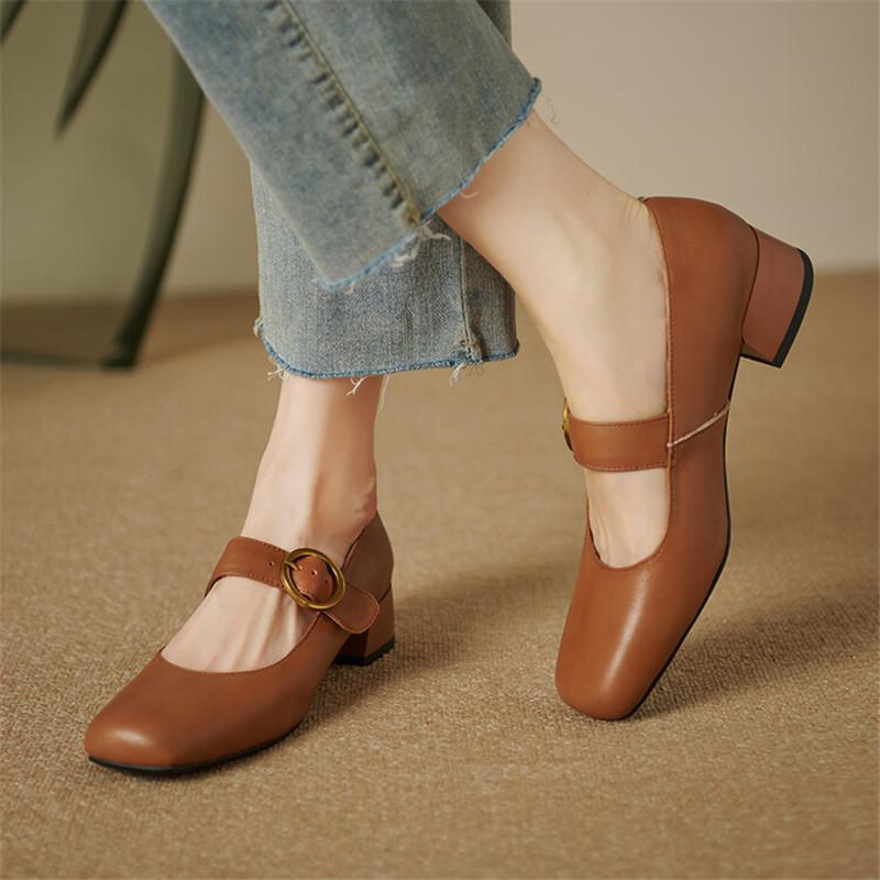 Fashion New Spring Autumn Genuine Leather Women Shoes Fashion Square Toe Shoes for Women Mary Jane Shoes Zapatos Mujer Women Pumps