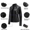 Women's Slim Fit Casual Leather Jacket with Stand Collar - Solid Color Spring/Autumn Outerwear