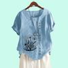 Women Casual Short Sleeve Blouse Laides Cotton Linen Top Fashion Floral Print Loose T-shirt