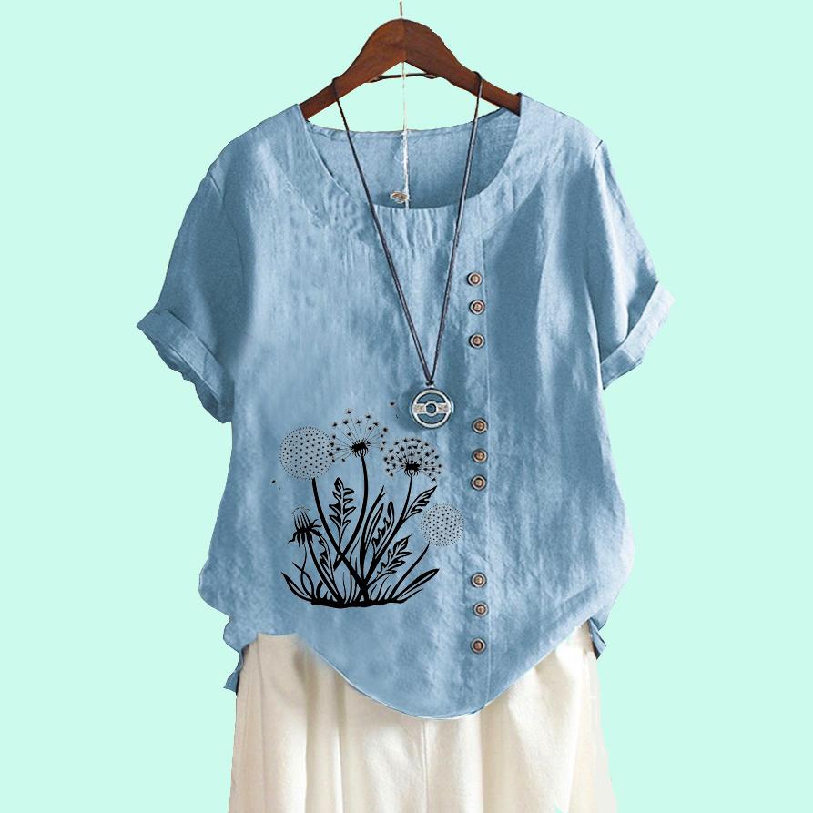 Women Casual Short Sleeve Blouse Laides Cotton Linen Top Fashion Floral Print Loose T-shirt