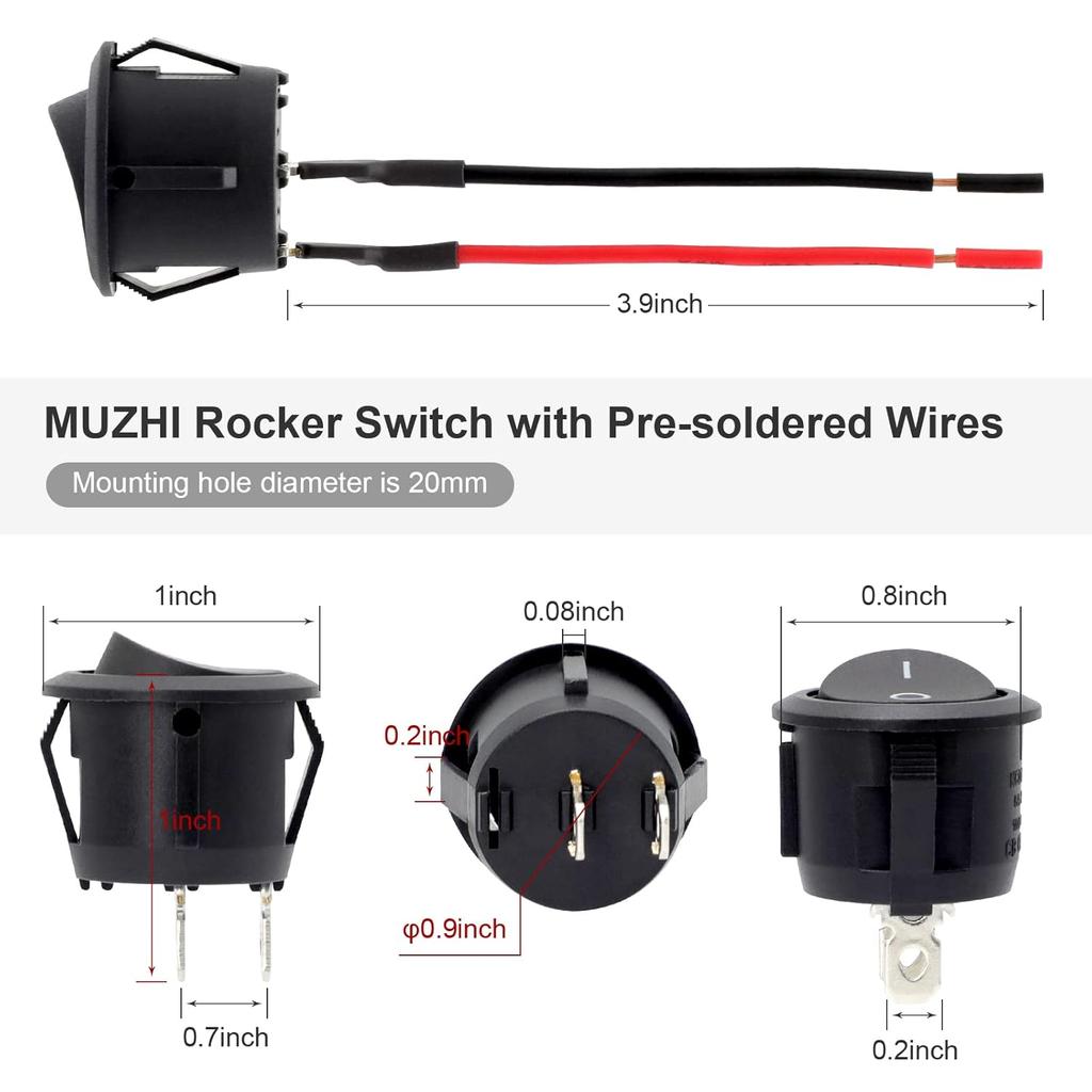 Round Rocker Switch, 6 Pcs Mini Rocker Switch, 12 Volt ON Off Toggle Switch with Pre-Wired 6A/250V 10A/125V AC, 12VDC Electrical Switches for Boat,