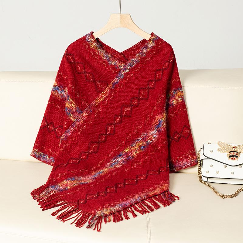 Women's Autumn and Winter Large Size V-neck Casual Cape Colorful Striped Tassel Knitted Shawl Sweater Jacket 7 Colors