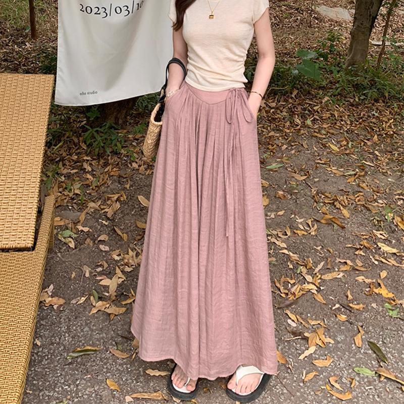 High Clothes Y2k Womens Summer Waist 2024 Cotton Line Summer Wide Leg Baggy Pants Dresses Elegant Thin Aline Dance Long Skirt Pants Korean For Women