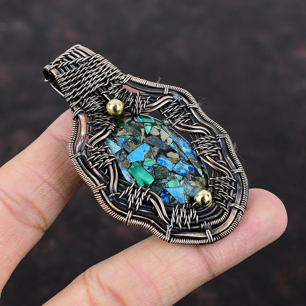 Copper Azurite Malachite Pendant Copper Wire Wrapped Gemstone Pendant Copper Jewelry Handmade Pendant Azurite Malachite Jewelry Gift For Him