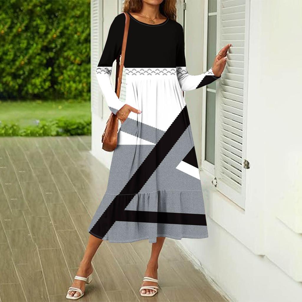 Women's Printed Casual Dress Spring Autumn Pocket Round Neck Long Sleeve Dresses