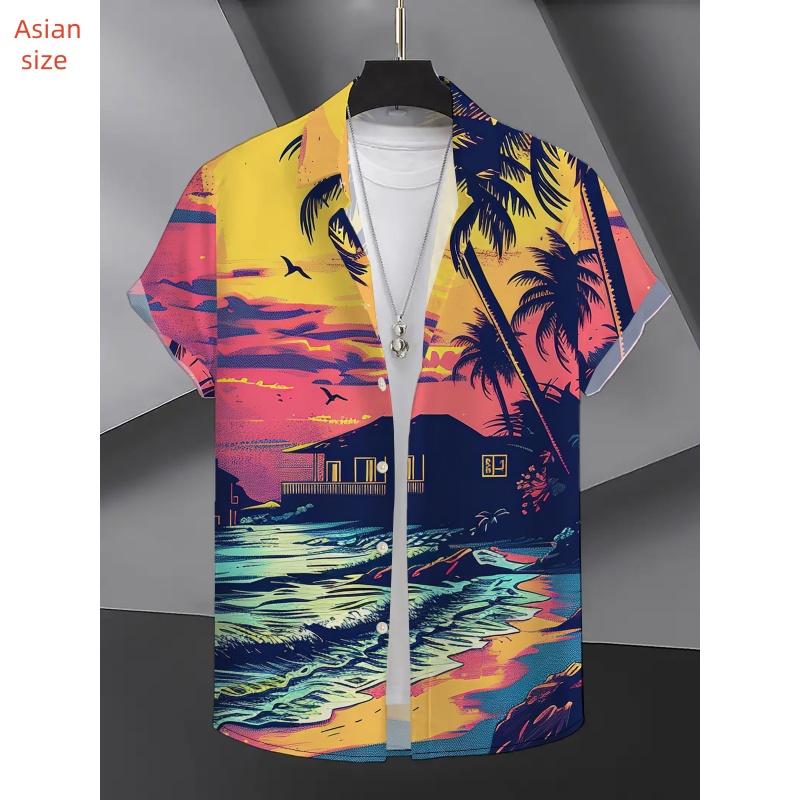 Мужская гавайская рубашка с принтом кокосовой пальмы, цветная блузка с рисунком заката, летние свободные топы с пуговицами и лацканами, пляжные рубашки Aloha