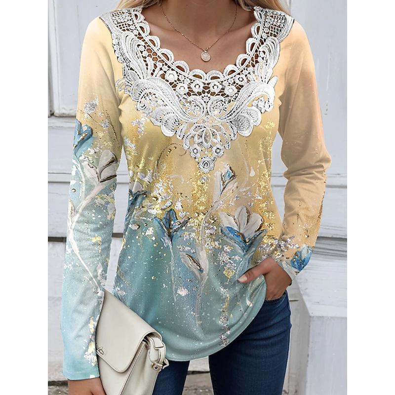 Women's T-Shirts Casual Round Neck Long Sleeved Tops Autumn Pullover Printed Multi-color Women's T-shirt with Lace Stitching